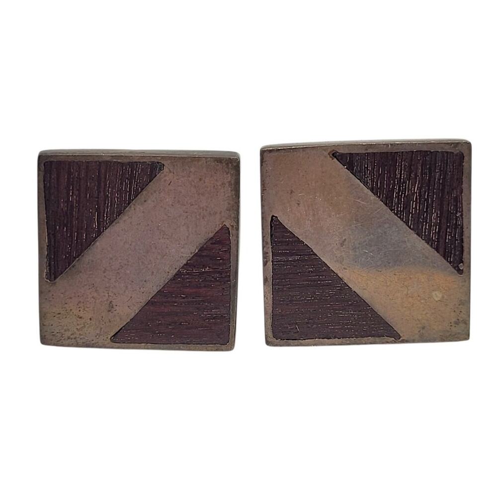 Taxco Mexico Vintage Silver Wood Inlay Cufflinks Mid Century Mens Formal
